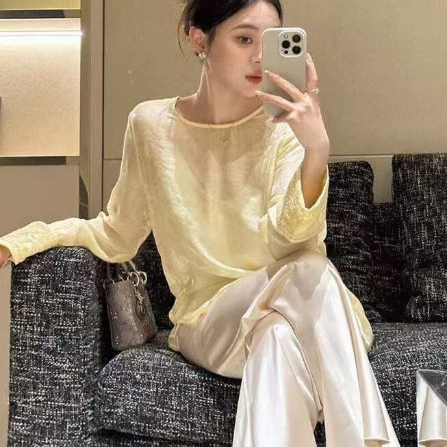 2025春夏新款国风重工钉珠刺绣长袖上衣女薄款百搭宽松舒适衬衫