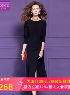菲梦伊原创钉珠黑色连衣裙女冬季法式赫本风褶皱收腰开叉中长裙子