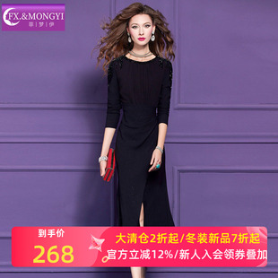菲梦伊原创钉珠黑色连衣裙女冬季法式赫本风褶皱收腰开叉中长裙子