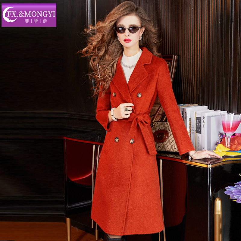 菲梦伊高细支羊毛大衣女冬季加厚收腰双排扣西装领羊驼绒毛呢外套