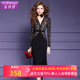 菲梦伊黑色蕾丝亮片连衣裙女秋装 高端精致赫本风轻熟气质长裙礼服