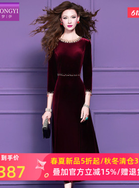 菲梦伊原创钉珠红色金丝绒连衣裙女冬季轻熟女人味收腰打底长裙子