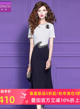 菲梦伊原创钉珠黑白撞色连衣裙女夏季法式轻熟名媛气质女神范裙子