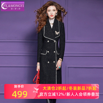 菲梦伊原创含羊毛黑色西装领毛呢外套女冬季加厚双排扣中长款大衣