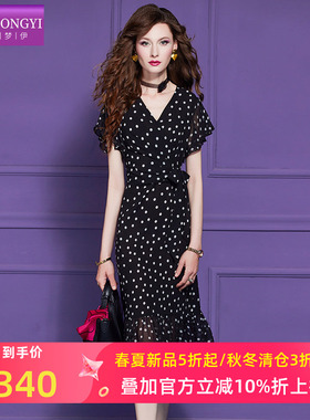菲梦伊黑色波点连衣裙女短袖夏季法式轻熟气质绝美褶皱V领中长裙