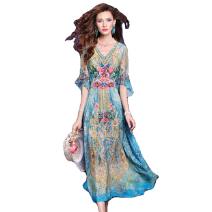 菲梦伊100桑蚕丝印花连衣裙女夏季波嬉风双绉真丝烫钻度假长裙子