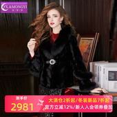 菲梦伊真毛领黑色水貂毛皮毛一体皮草外套女冬季 高档大牌贵妇上衣