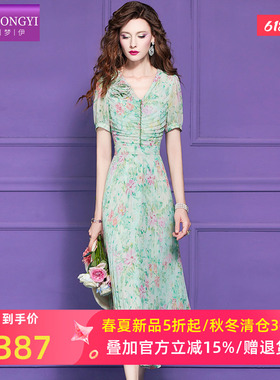 菲梦伊绿色印花连衣裙女短袖夏季轻薄透气减龄压褶收腰V领长裙子