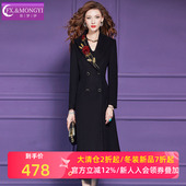 西装 菲梦伊钉珠绣花黑色毛呢外套女冬季 高端加厚双排扣中长款 大衣