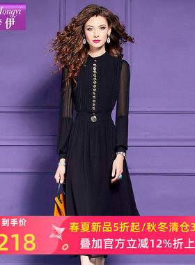 菲梦伊黑色衬衫连衣裙女春季法式名媛赫本风减龄气质收腰中长裙子
