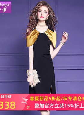 菲梦伊黑色连衣裙女夏装法式轻熟高级感赫本风显瘦露肩开叉中长裙