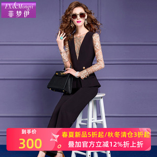 裤 高级垂感宽松休闲西装 子 女春季 菲梦伊假两件钉珠绣花黑色连体裤