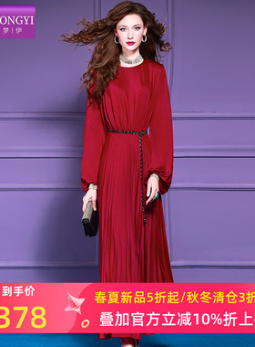 菲梦伊红色连衣裙女长袖春季轻熟高级感本命年时髦百褶长裙送腰带