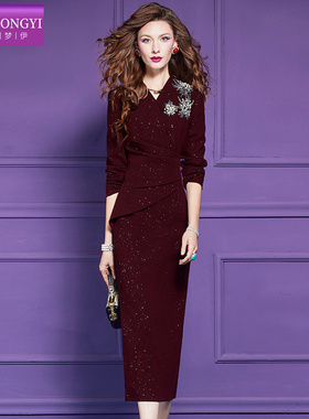 【直播专享】菲梦伊原创钉珠黑色西装连衣裙女秋季气质职业裙子