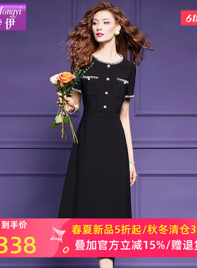 菲梦伊原创钉珠黑色连衣裙女短袖夏装法式赫本风名媛气质A字裙子
