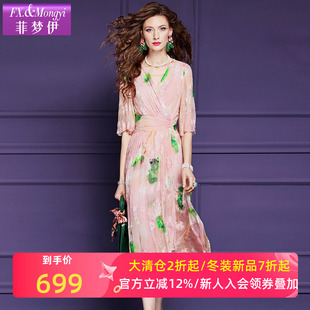 长裙子 时尚 菲梦伊100桑蚕丝印花连衣裙女夏装 重磅高端真丝年轻款