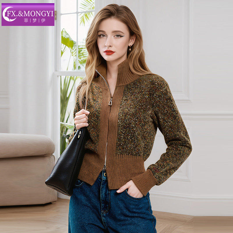 【直播专享】菲梦伊复古印花拉链开衫毛衣外套女修身百搭大码上衣