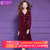 菲梦伊原创红色连衣裙女长袖 名媛淑女收腰V领中长裙 法式 秋装 新款