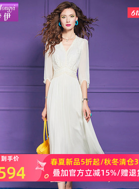 菲梦伊桑蚕丝钉珠绣花白色连衣裙女夏季高端真丝拼接收腰超仙长裙
