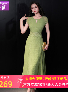 菲梦伊蕾丝边绿色连衣裙女短袖夏季高级感独特温柔名媛大码长裙子