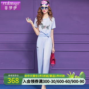 T恤上衣休闲阔腿裤 菲梦伊时尚 圆领印花短袖 运动套装 两件套 女夏季