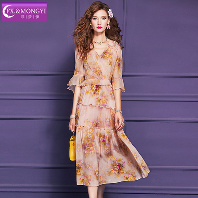 菲梦伊100桑蚕丝印花连衣裙女喇叭袖夏季法式甜美减龄V领真丝裙子