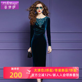 法式 菲梦伊红色金丝绒连衣裙女秋装 款 复古气质收腰钉珠长裙子礼服