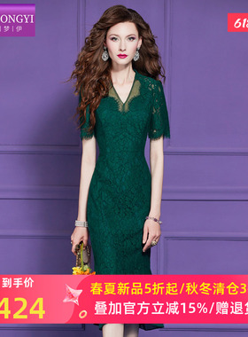 菲梦伊绿色蕾丝连衣裙女短袖夏季轻熟名媛高端气质女人味修身裙子
