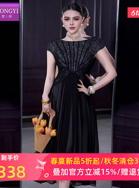 菲梦伊黑色印花连衣裙女短袖夏季法式赫本风高腰轻熟气质A字裙子