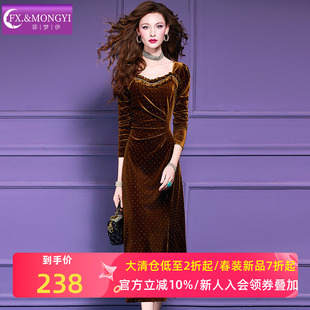 菲梦伊镶钻金丝绒连衣裙女秋季法式轻熟高级感褶皱收腰方领礼服裙