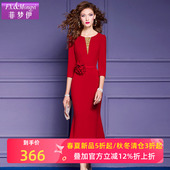 亮片钉珠长裙子 本命年高级感气质修身 菲梦伊红色连衣裙女春季 新款