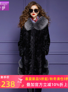 菲梦伊黑色皮草外套女冬季款高级时尚加厚保暖狐狸毛领水貂毛大衣