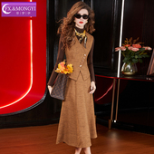 菲梦伊复古搭配三件套女T恤打底衫 直播专享 马甲外套半身裙子