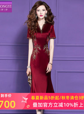 菲梦伊烫钻绣花红色连衣裙女夏季轻熟名媛气质女神范修身鱼尾裙子