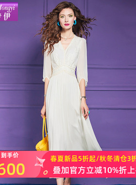 菲梦伊桑蚕丝钉珠绣花白色连衣裙女夏季高端真丝拼接收腰超仙长裙