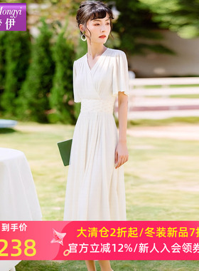 菲梦伊钉珠白色连衣裙女短袖夏装法式独特设计感收腰V领超仙裙子