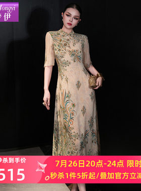 菲梦伊100桑蚕丝印花新中式国风连衣裙女夏装高品质真丝旗袍裙子