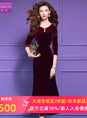 菲梦伊原创钉珠红色连衣裙女秋装新款复古高贵金丝绒收腰礼服长裙