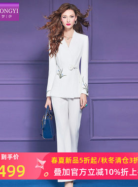 菲梦伊原创绣花白色西装套装女春季干练通勤商务正装外套喇叭裤子