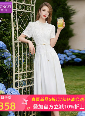 菲梦伊镂空钩花白色连衣裙女短袖夏季法式小清新减龄收腰A字裙子