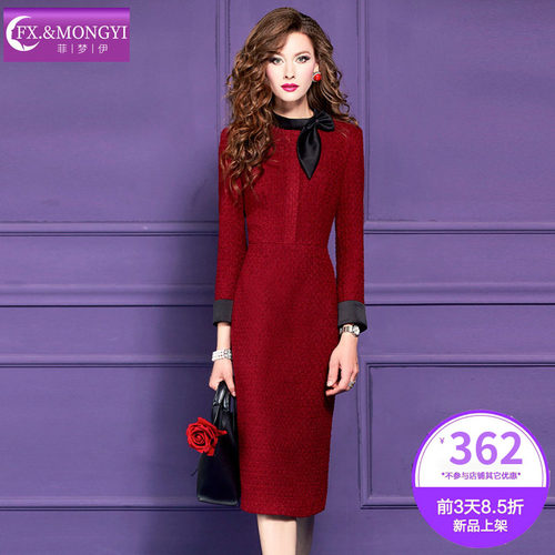 菲梦伊红色毛呢连衣裙女冬季本命年高贵名媛修身蝴蝶结气质一步裙