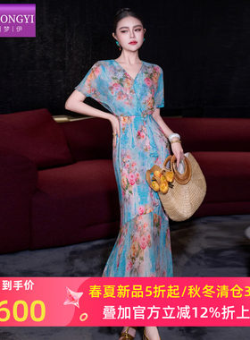 菲梦伊100桑蚕丝印花连衣裙女短袖夏季轻熟高端真丝收腰V领长裙