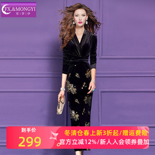 菲梦伊钉珠绣花黑色金丝绒连衣裙女冬季法式赫本风性感长裙子礼服