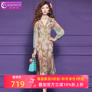 菲梦伊100桑蚕丝印花连衣裙女春装高端轻奢真丝品质收腰V领长裙子