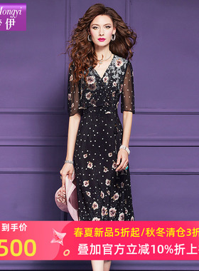 菲梦伊原创100桑蚕丝印花黑色连衣裙女夏装高端真丝钉珠V领长裙子