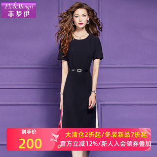 菲梦伊黑色连衣裙女短袖夏季法式赫本风高级感简约收腰中长款裙子