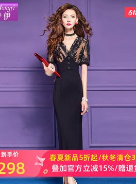 菲梦伊蕾丝黑色连衣裙女短袖夏装高级感名媛性感收腰V领包臀裙子
