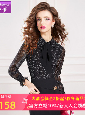 菲梦伊波点黑色衬衫女长袖秋季蝴蝶结系带法式复古洋气职业装上衣