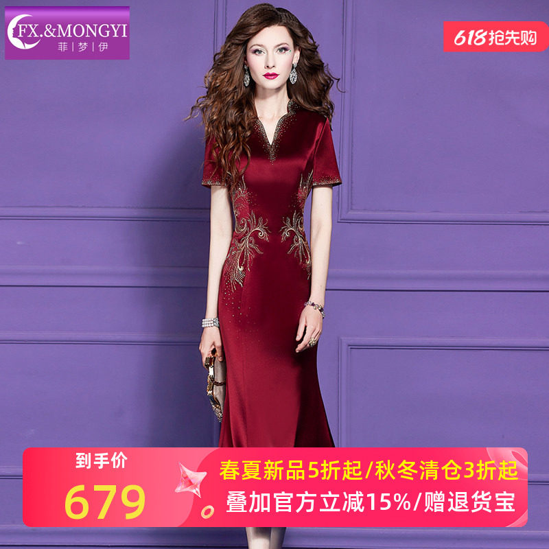 菲梦伊烫钻绣花红色连衣裙女夏季轻熟名媛气质女神范修身鱼尾裙子