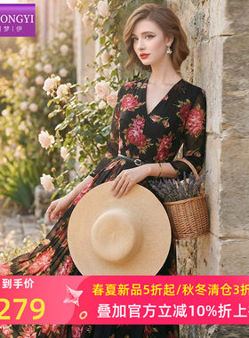 菲梦伊原创印花连衣裙女春夏新款复古轻熟收腰女人味气质A字裙子